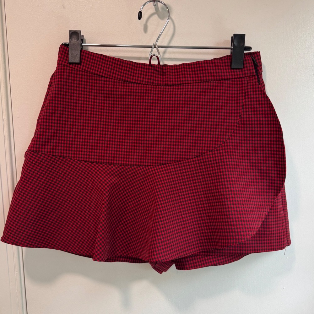 Zara Red Black Gingham Check Wrap Ruffle Mini Skort Women's Size Medium Academia